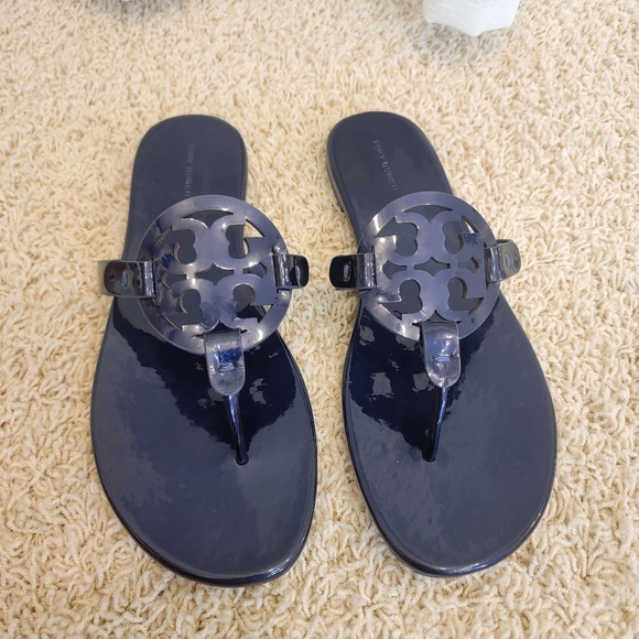 Tory Burch Miller Soft Patent Leather Sandals Metallic Navy Size 10.5 - Picture 3 of 17